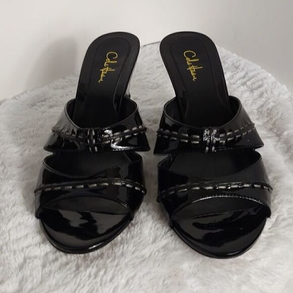 Cole Haan Black Patient Leather Wedge Sandals - Picture 2 of 6